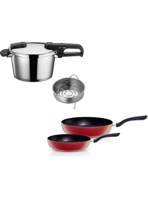 Fissler Vitaquick Edition 4,5 Lt Çelik Düdüklü Tencere + Kırmızı Cenit Tava Seti