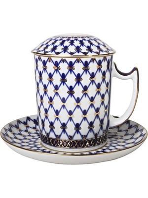 Imperial Porcelain Cobalt Net Kapaklı Mavi Porselen Kupa ve Tabak