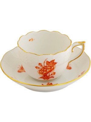 Herend Victoria Papillons Et Fleurs Desenli Turuncu Porselen Kahve Fincanı ve Tabağı