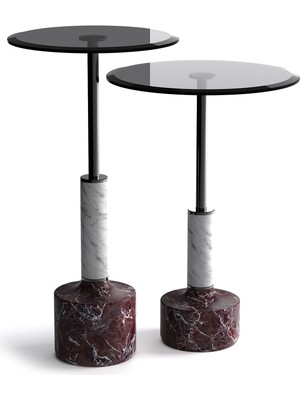 Lucenti Design Lope Siyah Cam Tablalı Mermer Ayaklı 2'li Yan Sehpa Seti