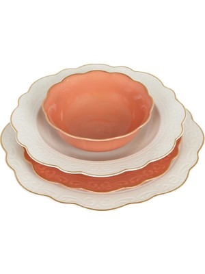 LuckyArt Laurance Krem & Turuncu New Bone China Porselen 6 Kişilik 24 Parça Yemek Takımı