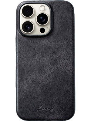 Roarcraft iPhone 16 Pro Max Logo Detaylı Antrasit Deri Telefon Kılıfı