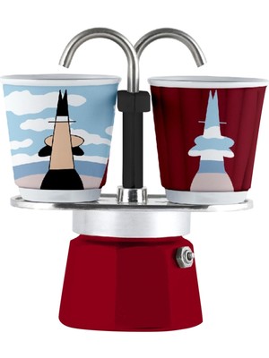 Bialetti Mini Express Kırmızı Mokapot Magrite ve 2 Espresso Fincanı