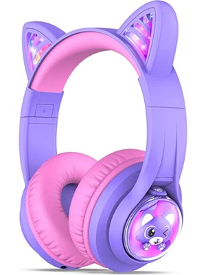 iClever BTH19 Mor Kedi Kulaklı Unisex Çocuk Kulak Üstü Bluetooth Kulaklık