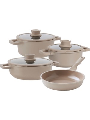 Berghoff Leo Stone Latte Krem Rengi Döküm 7 Parça Tencere Tava Set