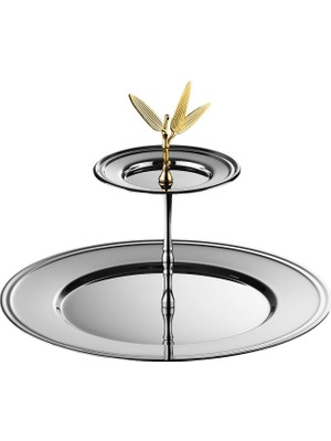 Es Collection Etagere Yaprak Detaylı Krom Çelik 2 Katlı Sunumluk