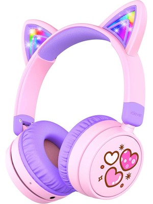 iClever BTH21 Mor Işıklı Kedi Kulaklı Unisex Çocuk Bluetooth Kulak Üstü Kulaklık