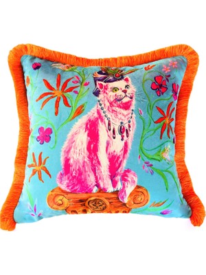 Ge Living Van Kedisi Desenli Yeşil Kadife Dekoratif Kırlent Kılıfı 45 x 45 cm