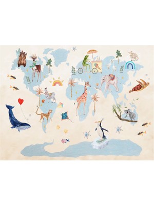 Hueppi Around The World Atlas Desenli Bej Mavi Yıkanabilir Çocuk Halısı 160 x 230 cm