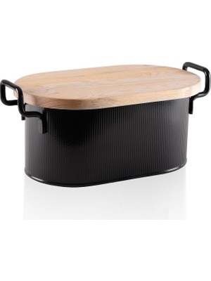 The Mia Stripe Siyah Metal Ahşap Kapaklı Ekmek Kutusu 40 x 22 cm