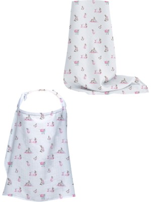 Deux Lapins Bebe Lapin Rose Pamuk Müslin Örtü ve Emzirme Önlüğü 2'li Set