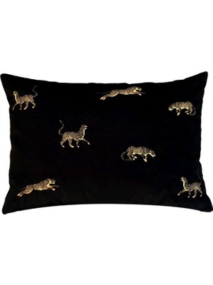 Ge Living Leopar Desenli Siyah Kadife Dekoratif Kırlent Kılıfı 35 x 50 cm