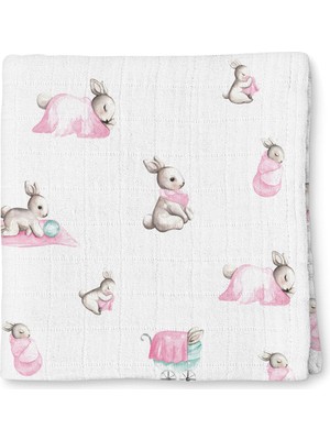 Deux Lapins %100 Pamuk Bebe Lapin Pembe Müslin Bebek Örtüsü 70X70 cm