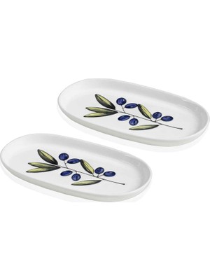 The Mia Olivos Desenli Seramik Oval 2'li Servis Tabağı Seti 29 cm