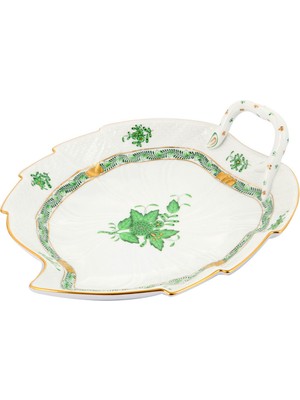 Herend Apponyi Desenli Yeşil Porselen Yaprak Tabak 23,8 cm