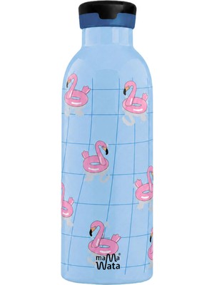 Mamawata Flamingos Mavi Çelik Pipetli Çocuk Termos Suluk 470 ml