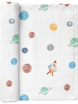 Casadora Baby Space Planet Beyaz Desenli Pamuklu Bebek Müslin Örtü 115 x 115 cm