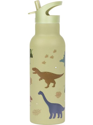 Kids Living Etc. Little Lovely Dinosaurs Yağ Yeşili Çelik Pipetli Çocuk Termos Suluk 500 ml