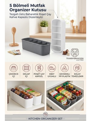 Transformacion 5 Bölmeli Mutfak Organizer Kutusu Gri Beyaz 2li Set Tezgah Üstü Baharatlık Poşet Çay Kahve Kapsülü Düzenleyici Dolap Çekmece İçi PP Plastik Stand 722441