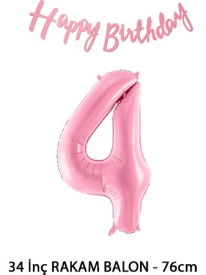 Lotus Party 4 Yaş Pembe Renk Rakam Balon - Pembe Renk Happy Birthday Kaligrafi Banner - Pembe Banner Rakam Set