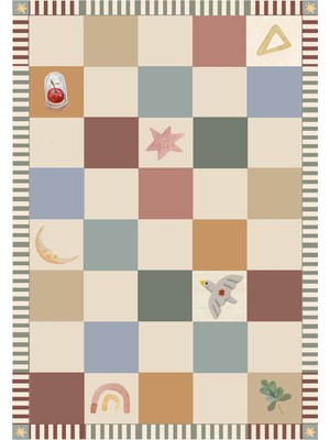 Hueppi Play & Patch Checkmate Renkli Desenli Bej Çocuk Halısı 160 x 230 cm