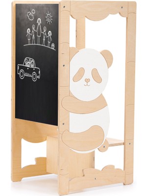 Simre Kids Naturel/beyaz Panda Figürlü Yükseklik Ayarlı Öğrenme Kulesi ve Aktivite Masası