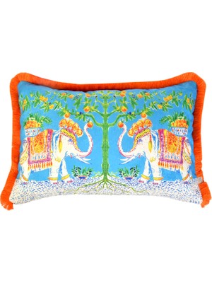 Ge Living Dekoratif Fil Desenli Suluboya Turkuaz Kadife Yastık Kılıfı 40X60 cm