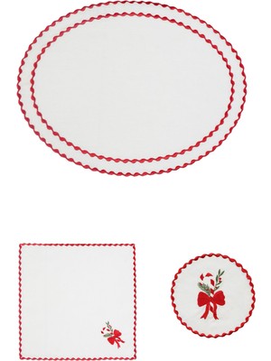 Matis Home Line Holly Jolly Candy Kırmızı Keten Amerikan Servis Peçete ve Bardak Altlığı 3'lü Set