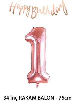 Lotus Party 1 Yaş Rose Renk Rakam Balon - Rose Renk Happy Birthday Kaligrafi Banner - Rose Banner Rakam Set