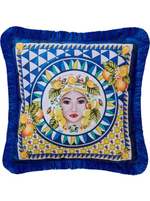 Chiara Alessi Portofino Mavi Desenli Kadife Dekoratif Kırlent 45 x 45 cm