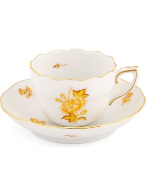 Herend Victoria Papillons Et Fleurs Desenli Sarı Porselen Kahve Fincanı ve Tabağı