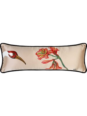 Alpaq Studio Turna ve Çiçek Koyu Bej El Boyaması Ipek Kırlent 25 x 65 cm