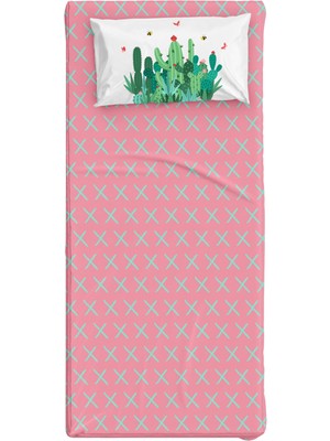 Itsy Bitsy Kids Cactopia Pembe Mint Pamuk Saten Unisex Çocuk Çarşaf Seti 90 x 190 cm