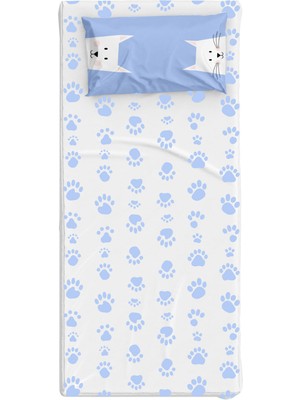 Itsy Bitsy Kids Paws And Claws Mavi Beyaz Pamuk Saten Unisex Çocuk Çarşaf Seti 90 x 190 cm