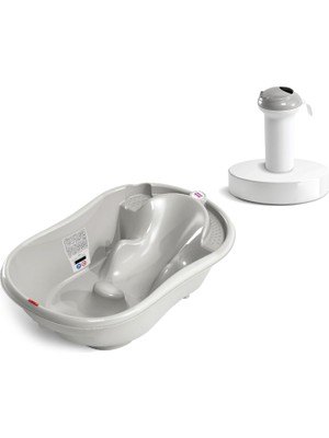 Okbaby Onda Dijital Termometreli Çift Yönlü Bebek Küveti ve Açık Gri Splash Bebek Duşu Banyo Seti