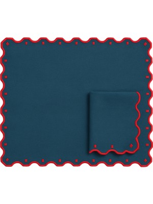 Mariaida Home Porto Mavi Kırmızı Keten Amerikan Servis Peçete Seti 35 x 50 cm