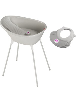 Okbaby Bella Açık Gri Dijital Termometreli Çift Yönlü Küvet + Küvet Taşıyıcı + Hippo Duş Şapkası Bebek Banyo Seti