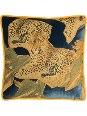 Alpaq Studio Leopar Desenli Saks Mavisi Kadife Kırlent 50 x 50 cm
