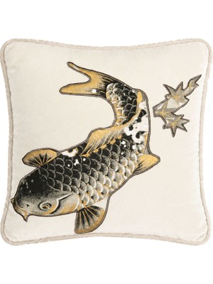 Alpaq Studio Koi Balığı Desenli Ekru Kadife Kırlent 45 x 45 cm