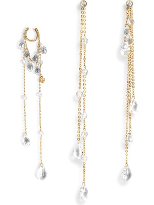 Nu Ear Set Gold  925 Ayar Gümüş Kadın Küpe Seti