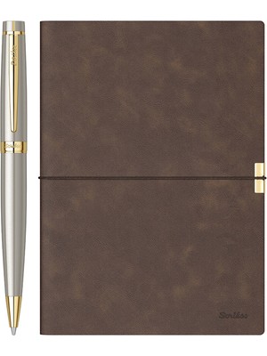 Scrikss SD700-2 Premium Toledo A5 Kahverengi Defter ve 38 Altın Saten Tükenmez Kalem Seti
