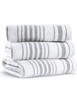 L’appartement Stripe Gauze Fibrosoft ® White Dark Grey Pamuklu Tekli Yüz Havlusu 50 x 90 cm