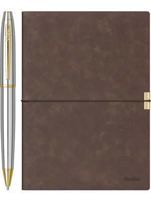Scrikss SD700-B2 Premium Toledo B5 Kahverengi Defter ve 35 Tükenmez Gold Krom Kalem Seti