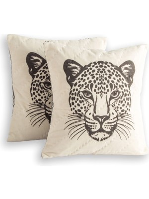 Uniqlooms Wild Leopar Pano Kırık Beyaz Pamuk El Yapımı 2'li Yastık Kılıfı Seti
