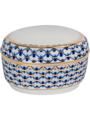 Imperial Porcelain Cobalt Net Mavi Porselen Kapaklı Mücevher Kutusu