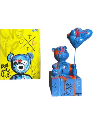 Aslı Sayan Oturan Balonlu Ayıcık Pop Art Mavi Dekoratif Heykel