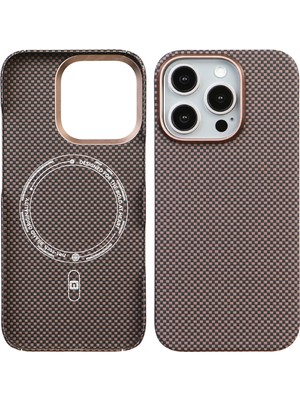 Deercase iPhone 16 Pro Kamera Korumalı Premium Karbon Fiber Magsafe Uyumlu Kahverengi Telefon Kılıfı