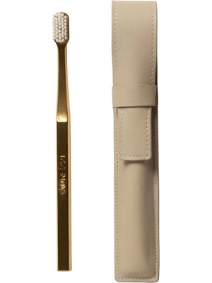 Aurezzi Gold White Medium Diş Fırçası ve Bej Deri Diş Fırçası Kılıfı