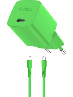 Ttec Smartcharger Gan 45W Avs Pd Neon Yeşil Seyahat Hızlı Şarj Aleti + Usb-C - Usb-C 3A Kablo