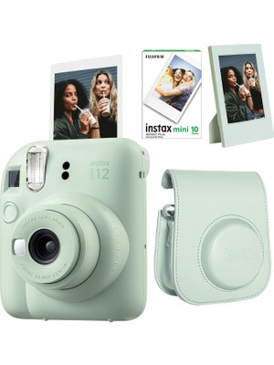 Fujifilm Instax Mini 12 Yeşil Fotoğraf Makinesi + 10'lu Film-Çerçeve ve Deri Kılıf Seti